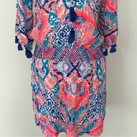Lilly Pulitzer Joelle Dress Off Shoulder Crepe Multi Smocked Tassel M Beach - Picture 4 of 12